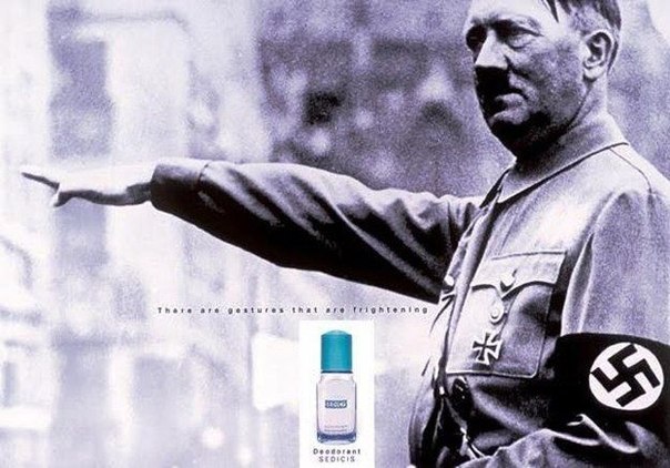 Подборка принтов: "Даже Гитлера используют в рекламных целях". На Западе не стесняются использовать столь отрицательный персонаж в рекламных целях. В этой небольшой подборке принтов лидер нацистов рекламирует всё: от водки до дезодоранта и презервативов