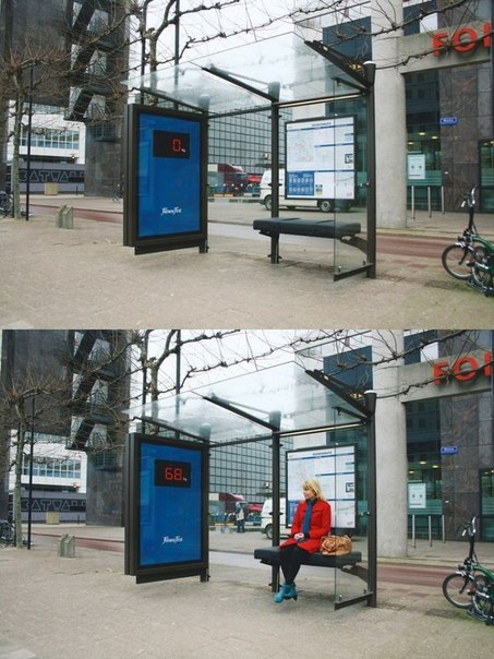 Нидерландское агентство N=5 решило привлечь посетителей в фитнес-клуб весьма негуманным методом. На автобусных остановках Амстердама были размещены электронные табло, соединенные с встроенными в скамейку весами.