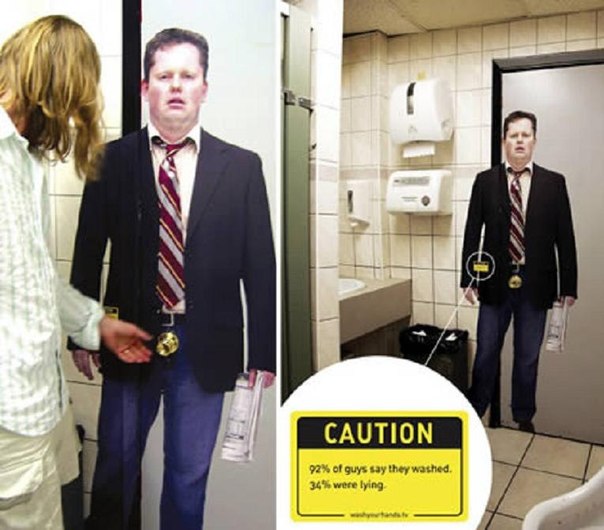 Социальная реклама в туалете: "92% мужчин говорят, что помыли руки. 34% из них соврали"
