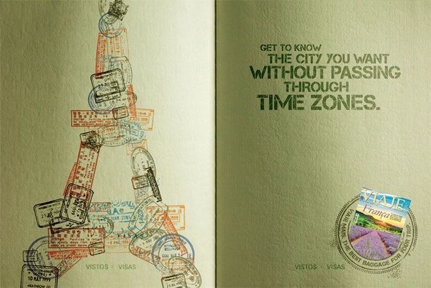 Креативная реклама журнала о путешествиях Viaje Mais: "Путешествуй без границ и часовых поясов. Париж"