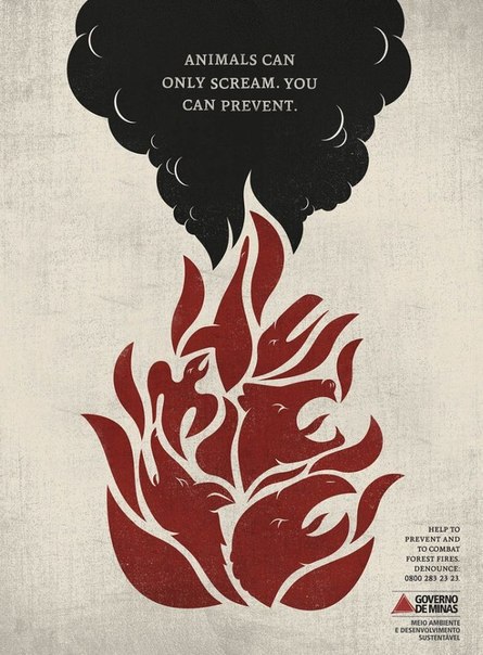 Социальная реклама: "Помогите бороться с лесными пожарами. Вы можете предотвратить, животные только кричать."