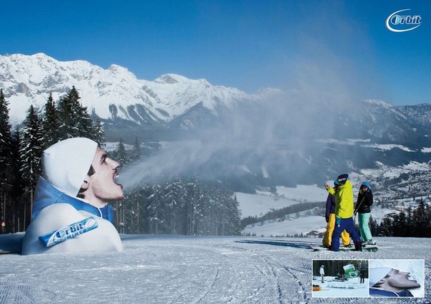 Реклама жевательной резинки Orbit на лыжном спуске
