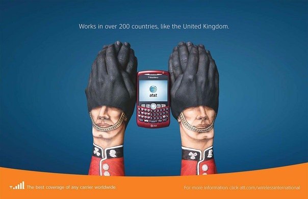 Остроумная реклама роуминга от AT&T. "Работает более чем в 200 странах."