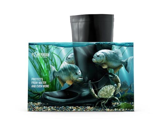 Коробка для резиновых сапог «Fisherman», разработанная казахским рекламным агентством Good Media, является отличным примером того, как упаковка может выполнять еще и функцию мини-стенда.