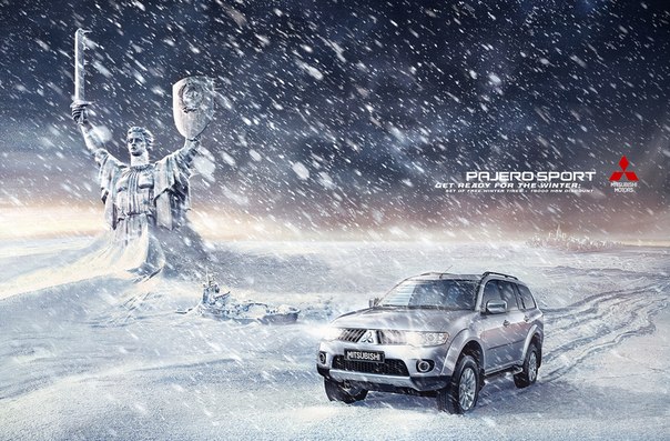 Новый украинский рекламный принт Pajero Sport: "Будь готов к зиме! Бесплатный комплект зимних шин+скидка 19 000 гривен"