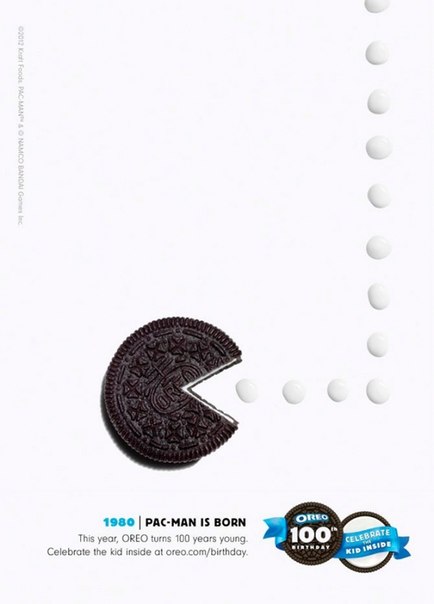 Подборка рекламы печенья OREO, приуроченной к столетию компании. На постерах - знаковые события за последние сто лет, изображенные печеньем