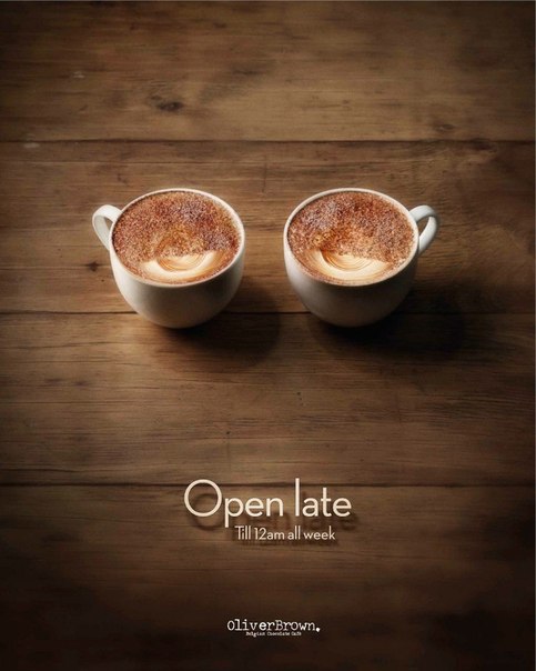 Оригинальный рекламный принт кафе OliverBrown: "Открыты допоздна"
