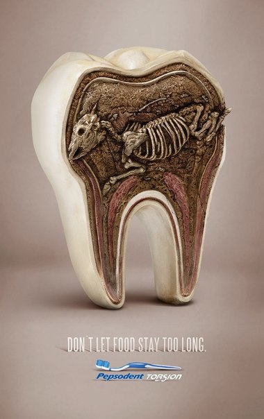 Реклама зубных щеток: "Не давайте вашей пище окаменеть!"