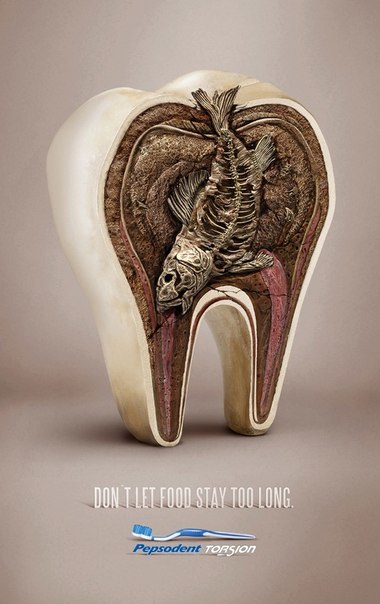 Реклама зубных щеток: "Не давайте вашей пище окаменеть!"
