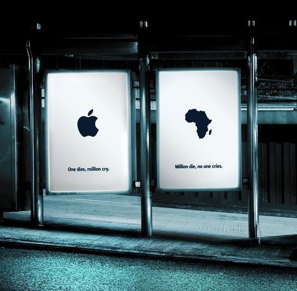 Реклама социальной кампании в Африке: «Умирает один, плачут миллионы. Умирает миллион, никто не плачет»