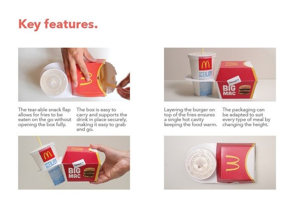 Роберт Бай предложил редизайн упаковки McDonald s. Дизайнер оптимизировал компоненты традиционного комплексного обеда, состоящего из Биг Мака, картошки фри и напитка. В результате получился ланч-бокс "три в одном". 