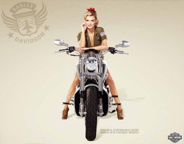 Подборка сексуальных рекламных плакатов мотоциклов Harley Davidson с топ-моделью Marisa Miller в военной униформе