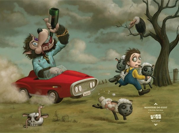 Пьяный волк за рулем в социальна реклама: "Монстры существуют: если вы выпили, не садитесь за руль"