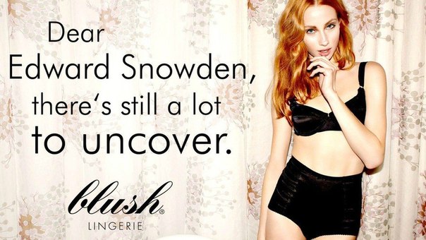 Нашумевшее имя бывшего сотрудника ЦРУ появилось в рекламе нижнего белья, построенной на ловкой игре слов: «Дорогой Эдвард Сноуден, здесь всё ещё есть, что раскрывать»
