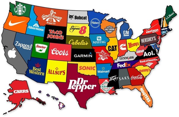 Карта США, показывающая в каких штатах родились известные бренды