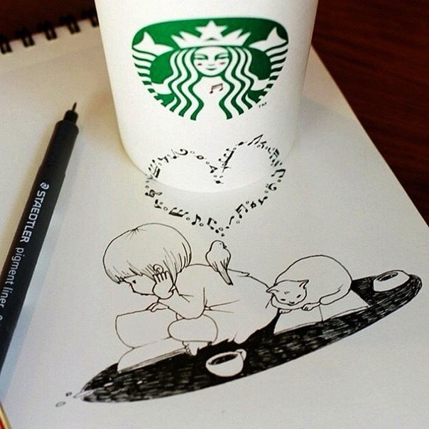 Иллюстрации Томоко Синтани на бумаге и стаканчиках из Starbucks