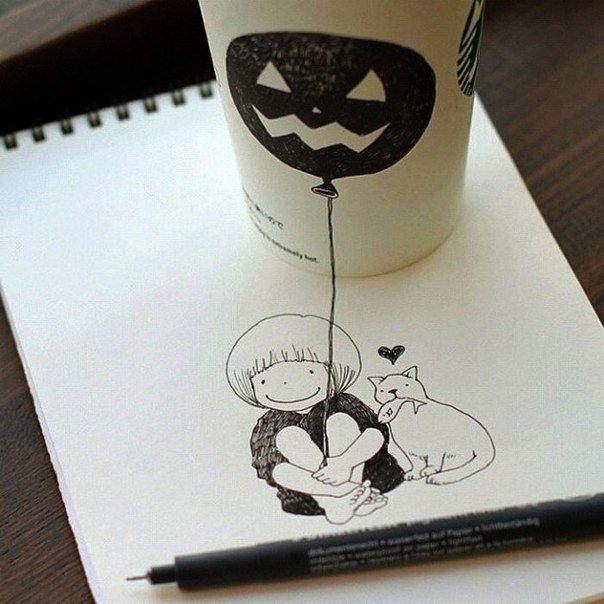 Иллюстрации Томоко Синтани на бумаге и стаканчиках из Starbucks