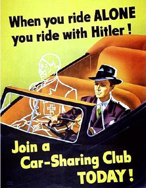 Странный американский агитационный плакат 1943 года, призывающий граждан экономить бензин для военных целей «Едешь один — везёшь Гитлера!»