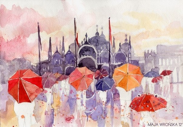 Художница Maja Wrońska из Польши рисует акварелью прекрасные сцены Парижа, Венеции и Праги