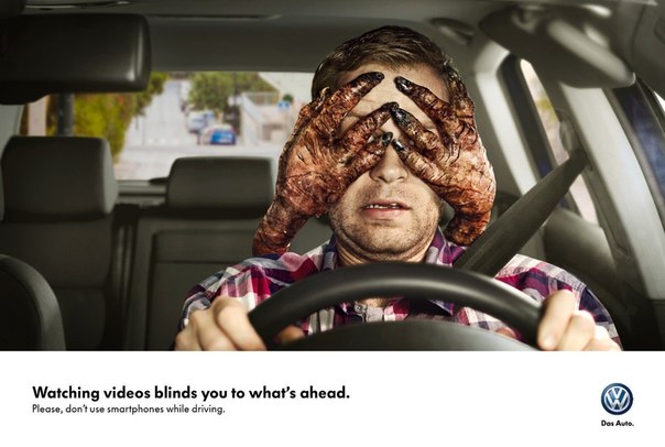 Volkswagen: "Просмотр видео мешает вам увидеть то, что впереди. Пожалуйста, не используйте смартфоны во время вождения"
