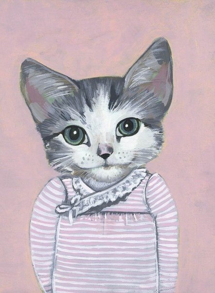 Хизер Метун, художница из Калифорнии, рисует необычные портреты котов и кошек. Питомцы всегда одеты в тёплые свитера, элегантные костюмы и красивые платья. У каждого кота есть имя и профессия, а ещё вы можете приобрести эти весёленькие работы на eBay за символическую плату. Потреты художница пишет с реальных котиков, фотографии которых ей присылают поклонники творчества.