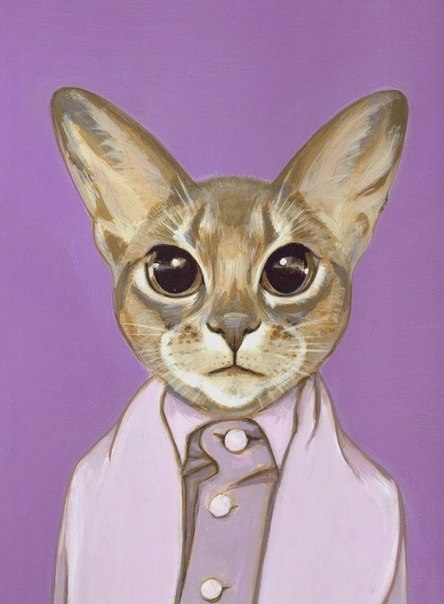 Хизер Метун, художница из Калифорнии, рисует необычные портреты котов и кошек. Питомцы всегда одеты в тёплые свитера, элегантные костюмы и красивые платья. У каждого кота есть имя и профессия, а ещё вы можете приобрести эти весёленькие работы на eBay за символическую плату. Потреты художница пишет с реальных котиков, фотографии которых ей присылают поклонники творчества.