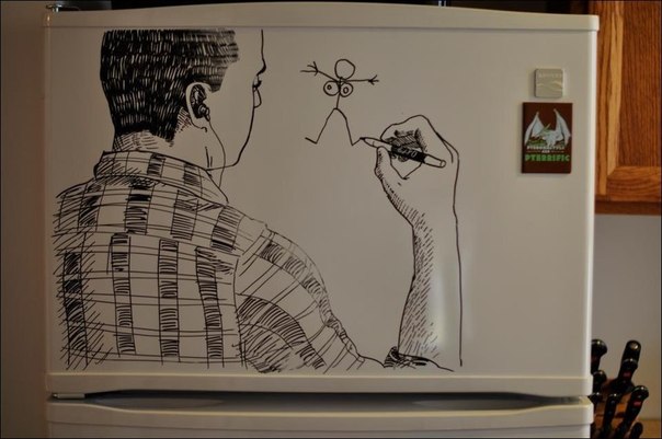 Подборка удивительных рисунков на холодильнике, написанных с помощью смываемых маркеров.