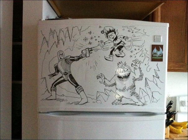 Подборка удивительных рисунков на холодильнике, написанных с помощью смываемых маркеров.