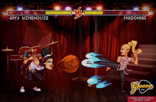 Реклама бара живой музыки Groove Bar, выполненная в стиле Mortal Combat: "Amy Whinehouse против Мадонны, Kiss против Queen, Guns N  Roses против AC/DC