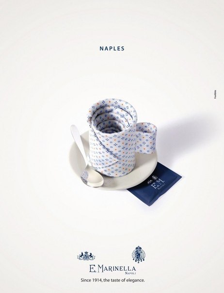 Особенный вариант укладки галстука в виде символов: швейцарского шоколада, японских суши, французских круассанов в рекламе галстуков «El Marinella»: «Элегантный вкус с 1914 года».