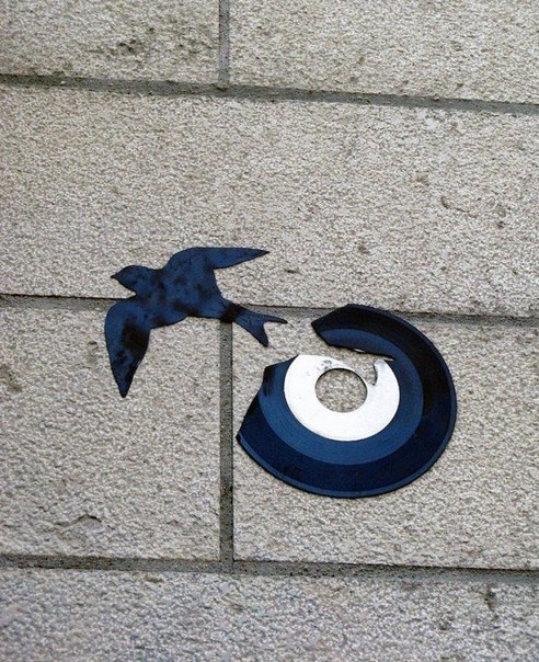 Уличный художник Kesa превращает виниловые пластинки в силуэты птиц и летучих мышей