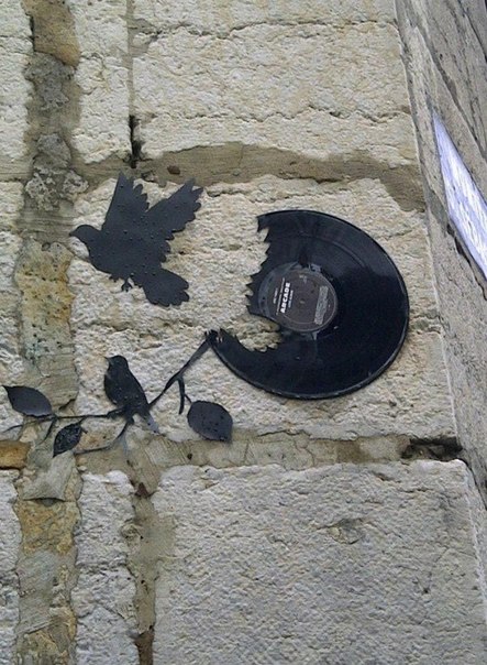 Уличный художник Kesa превращает виниловые пластинки в силуэты птиц и летучих мышей