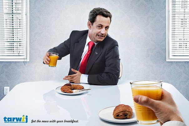 Реклама службы доставки прессы Tarwij: "Получайте новости вместе с завтраком"