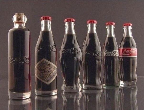 Эволюция бутылки Coca-Cola (слева-направо: 1899, 1900, 1915, 1916, 1957, 1986 годы)