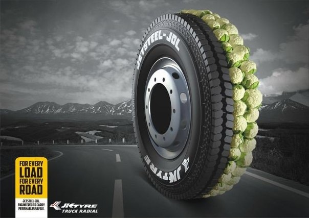Оригинальная серия рекламных принтов JK Tyre. Часть протектора шин замещена на фрукты и овощи, чтобы обыграть слоган: "For every Load, For every Road" (Для любого груза, для любой дороги)