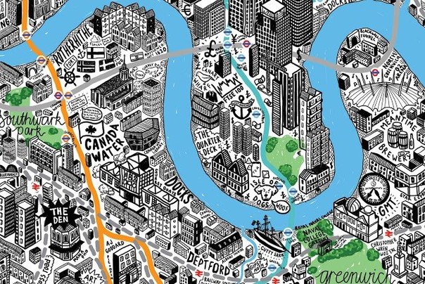 Замечательные карты Нью Йорка и Лондона, нарисованные вручную - арт проект художницы Jenny Sparks