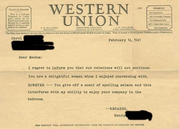 Телеграмма, оптравленная Western Union в день всех влюбленных, 14 февраля 1941 года