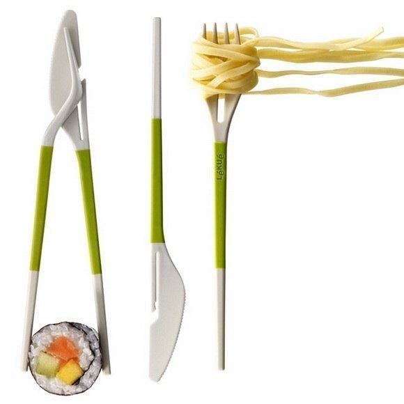 Вилка и нож. При их соединении получаются японские палочки для еды