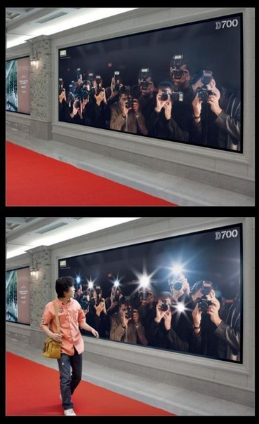 Реклама фотоаппарата Nikon D700. В билборд встроен датчик движения, когда мимо него проходит человек, срабатывают вспышки. Позволяет каждому почувствовать себя звездой.
