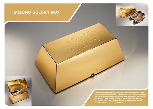 Упаковка для ограниченной золотой серии теннисной обуви Mizuno, выпуск которой был приурочен к Олимпийским играм-2012 в Лондоне